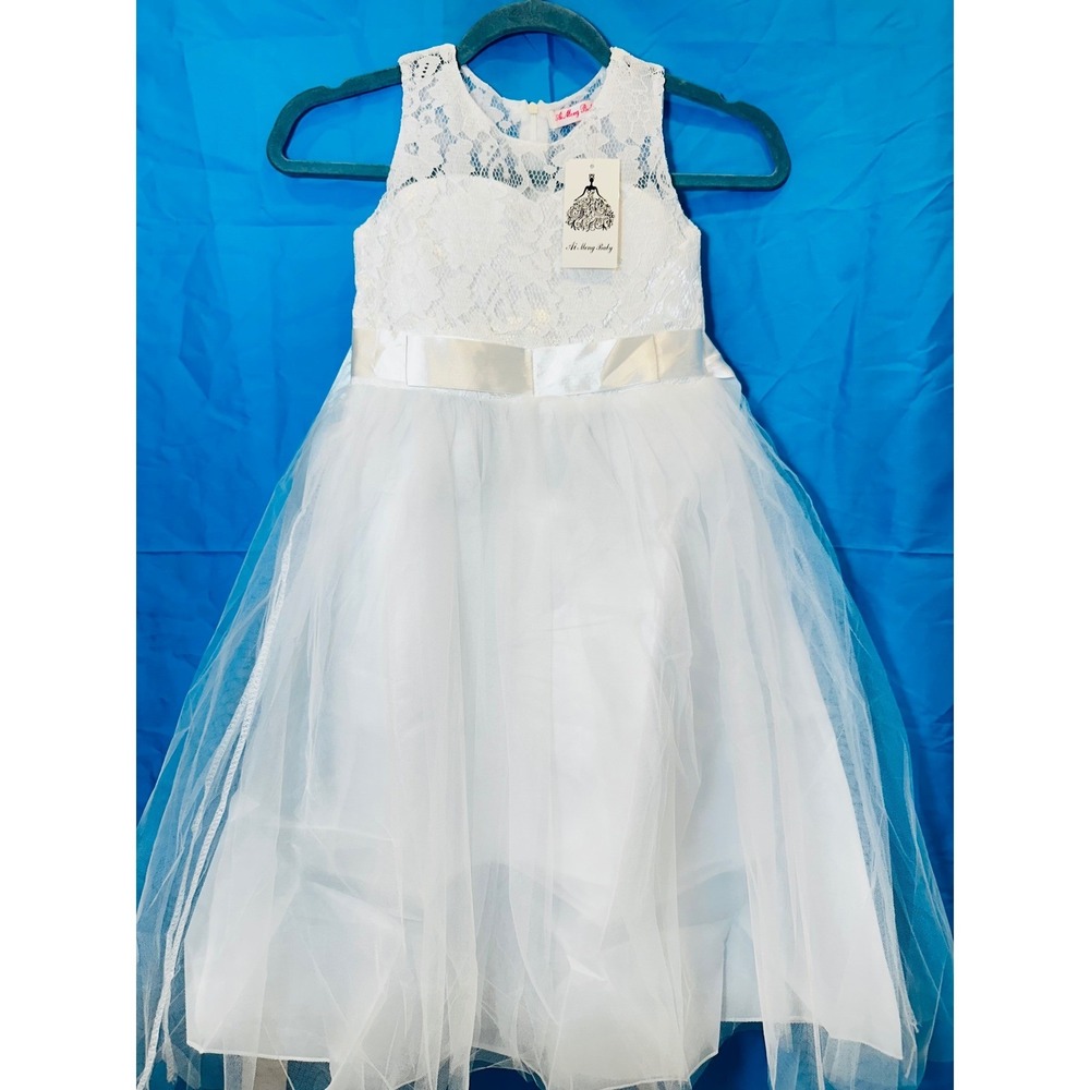 Ai Meng Baby White Lace Tulle Flower Girl Dress Sleeveless Formal Gown NWT